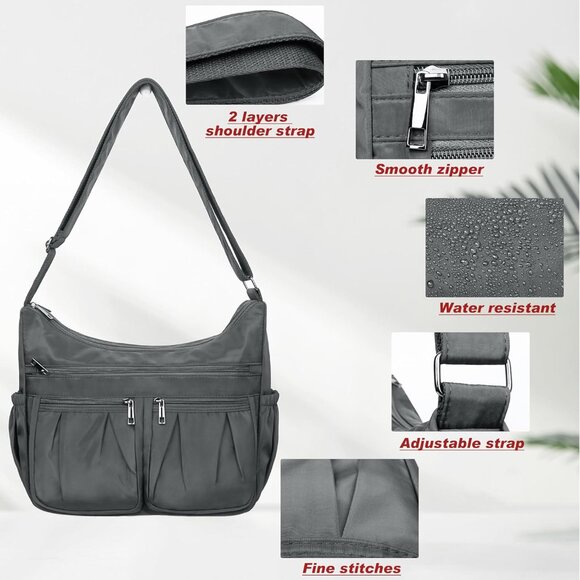Women Grey-l Nylon Water Resistant Anti Theft Travel Crossbody Shoulder Bag - Picture 6 of 7